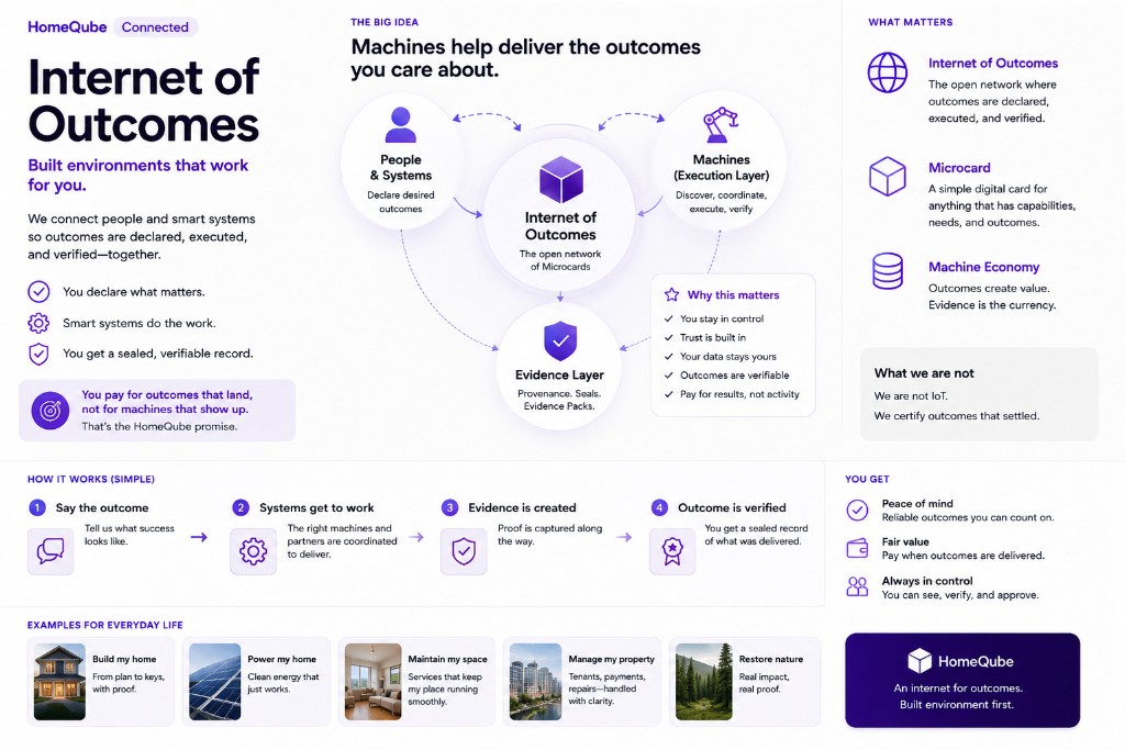HomeQube Internet of Outcomes map: people declare outcomes, machines discover and execute on Microcards, evidence packs seal the record — pay for outcomes that land, not machines that show up
